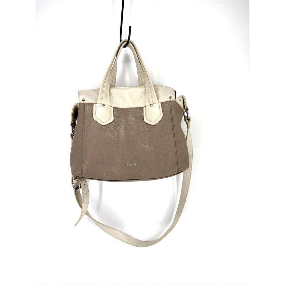 Perlina Emma Two Handle Crossbody Bag Genuine Leather Satchel Ivory/Tan